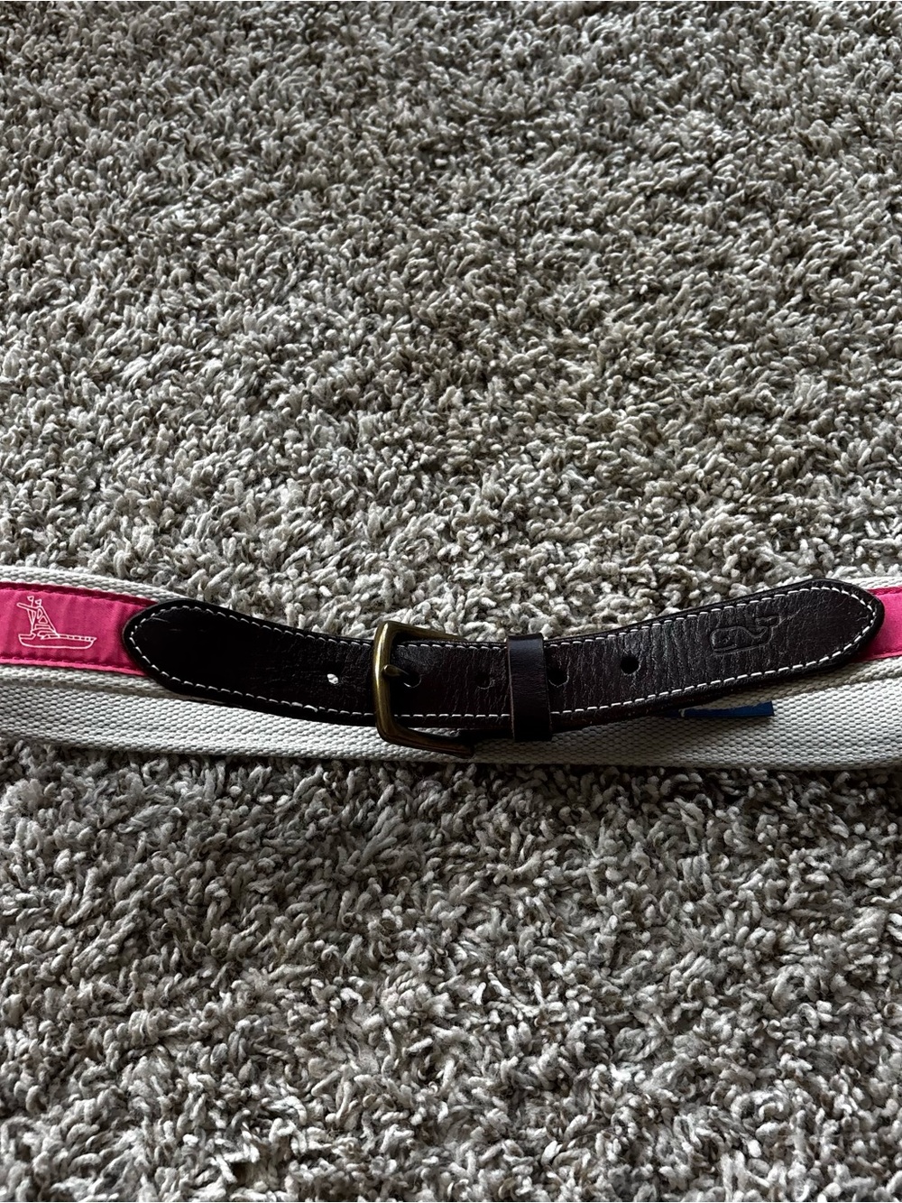 Vineyard Vines Brown Leather & Pink Logo Canvas Belt women sz 32 M